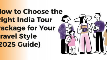 Illustration of travelers discussing and selecting India tour packages for 2025