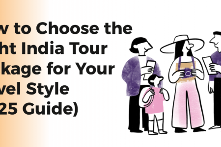 Illustration of travelers discussing and selecting India tour packages for 2025