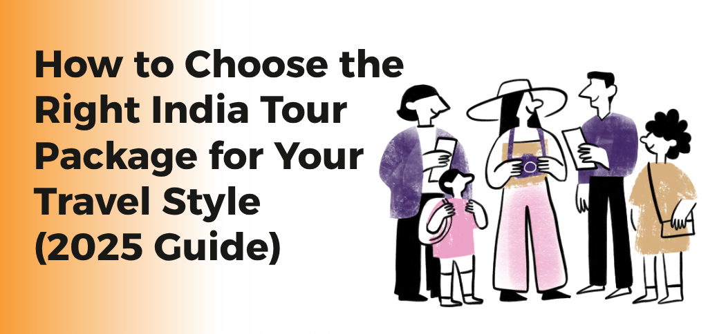 Illustration of travelers discussing and selecting India tour packages for 2025